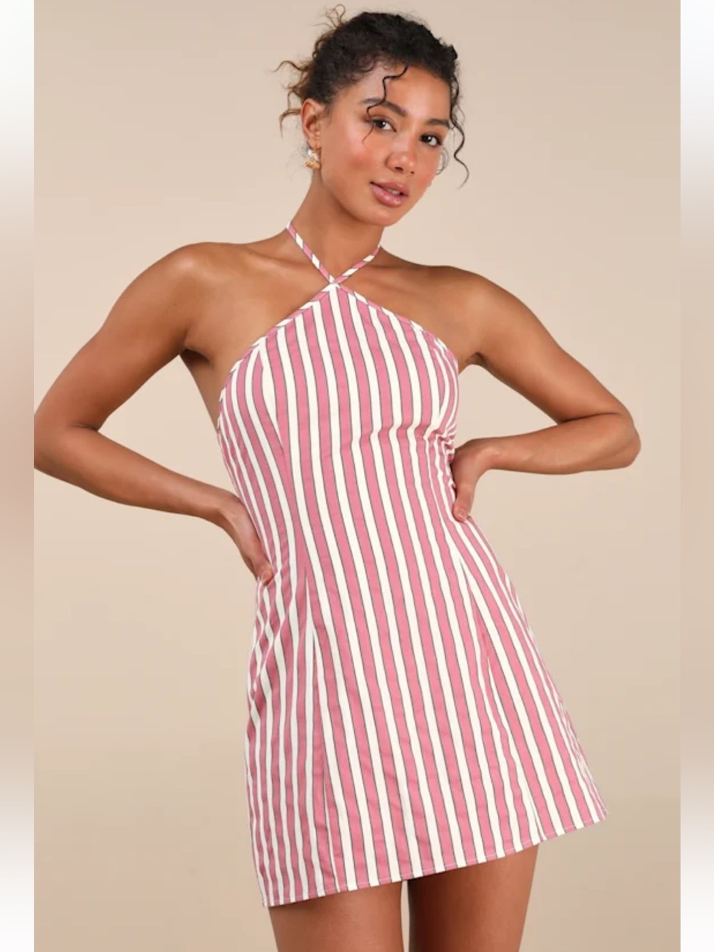 NWT Lulus Madelia Pink Striped Halter Mini Dress FLAWED ZIPPER